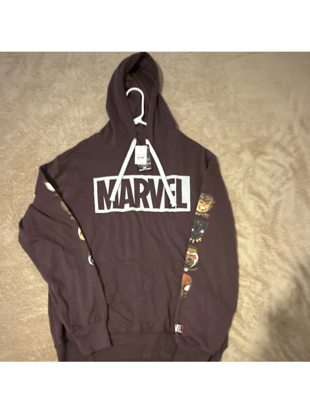 Marvel Men's Hoodie in Burgundy with White Logo and Character Sleeve Accents